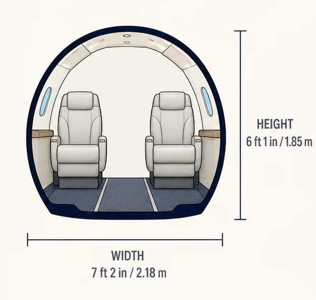 Cabin cross-section of the Challenger 350, showing published height and width