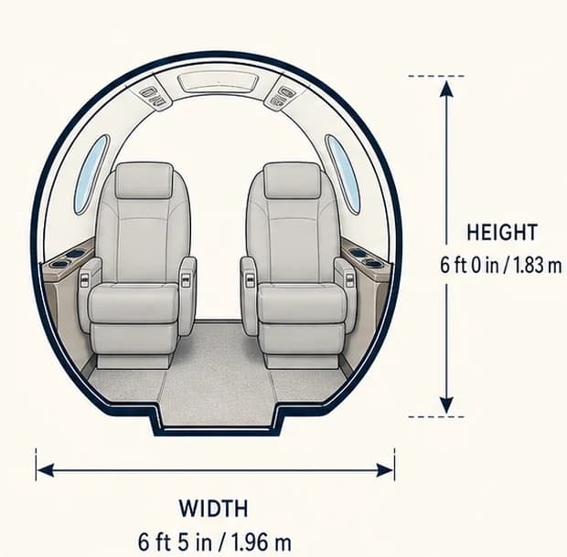 Cabin cross-section of the Citation Latitude, showing published height and width