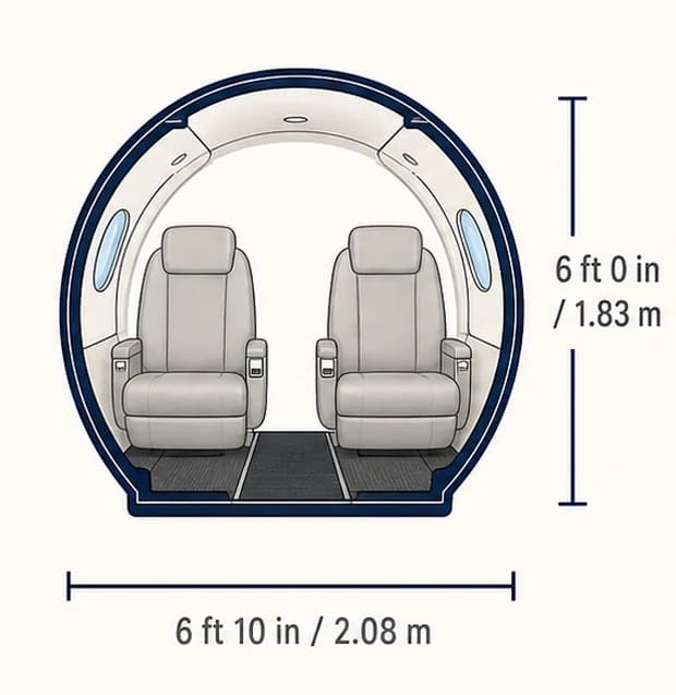 Cabin cross-section of the Praetor 500, showing published height and width