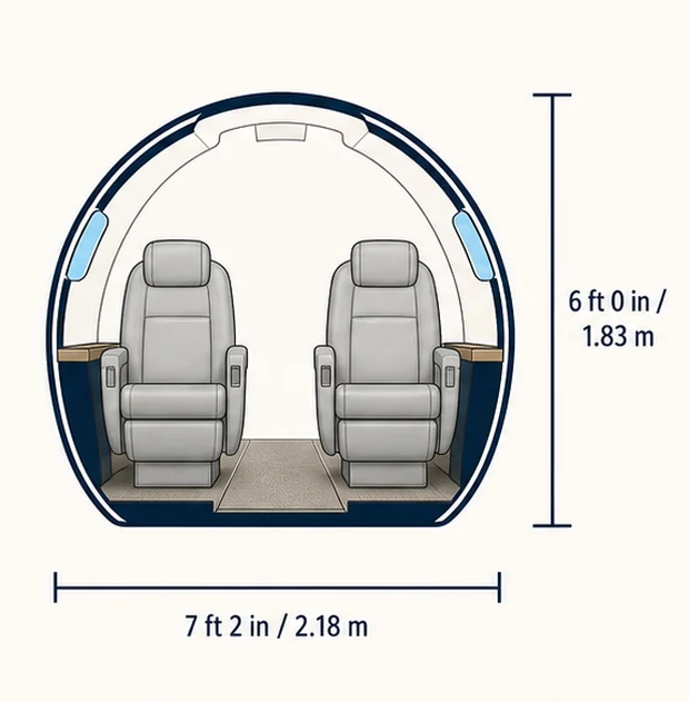 Cabin cross-section of the Challenger 3500, showing published height and width