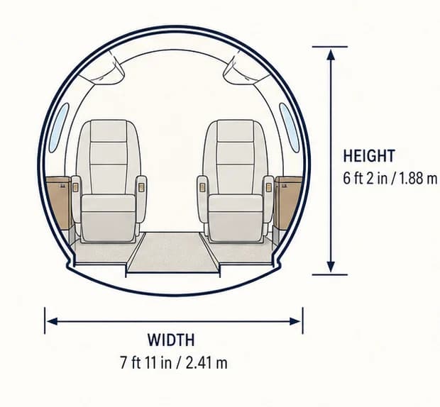 Cabin cross-section of the Bombardier Global 6500, showing published height and width