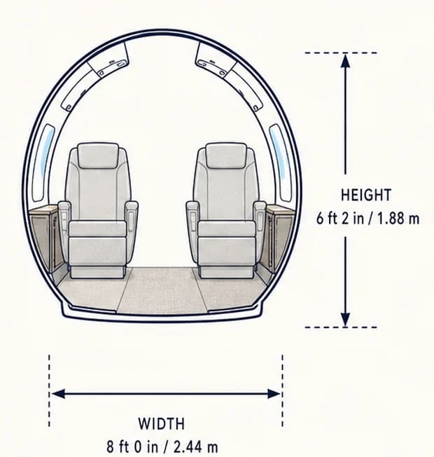 Cabin cross-section of the Global 7500, showing published height and width