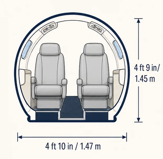 Cabin cross-section of the Citation CJ2+, showing published height and width