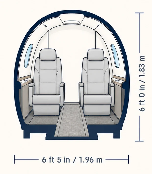 Cabin cross-section of the Citation Longitude, showing published height and width