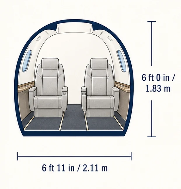 Cabin cross-section of the Embraer Legacy 500, showing published height and width