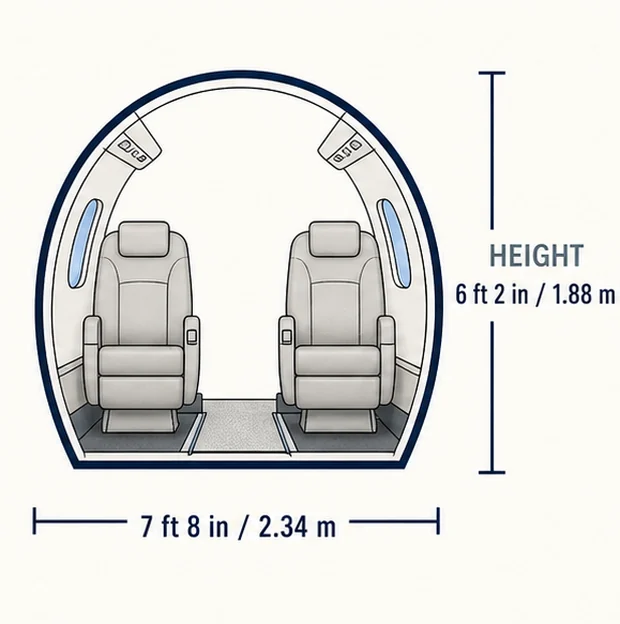 Cabin cross-section of the Falcon 2000LXS, showing published height and width