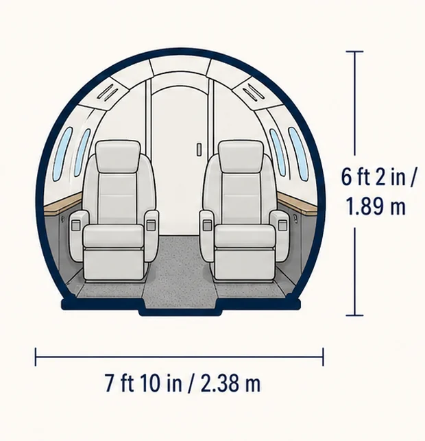Cabin cross-section of the Falcon 7X, showing published height and width