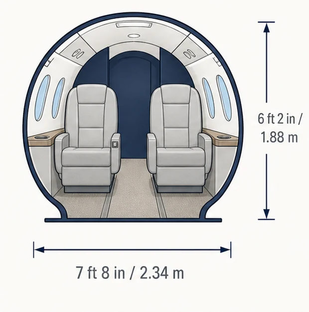 Cabin cross-section of the Falcon 900LX, showing published height and width