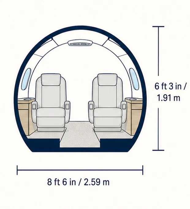 Cabin cross-section of the Gulfstream G650, showing published height and width