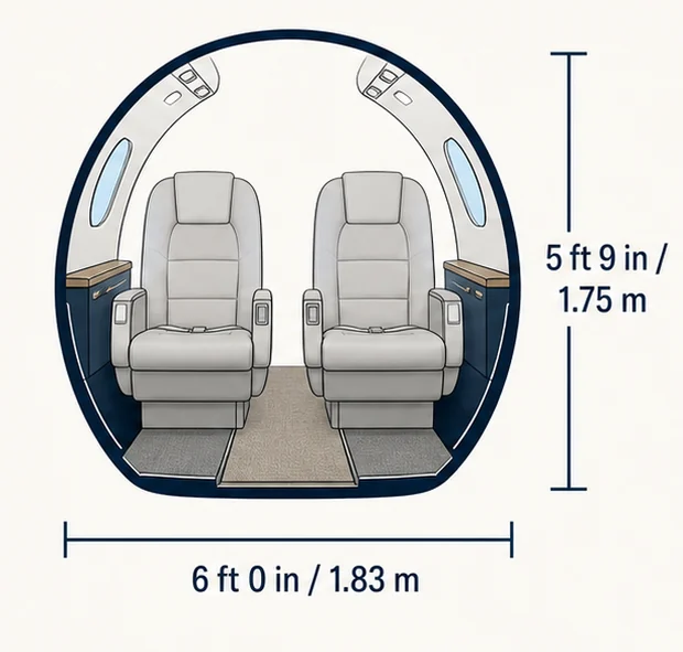 Cabin cross-section of the Hawker 750, showing published height and width