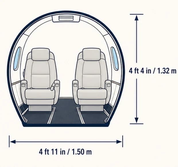 Cabin cross-section of the Learjet 31A, showing published height and width