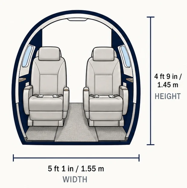 Cabin cross-section of the Learjet 40XR, showing published height and width