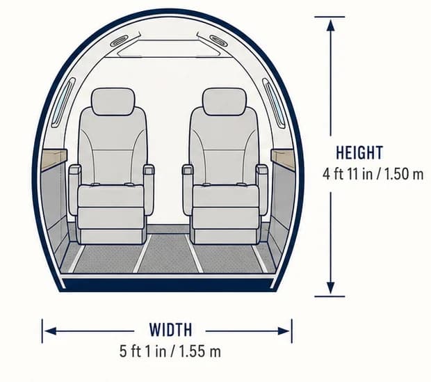 Cabin cross-section of the Learjet 45XR, showing published height and width