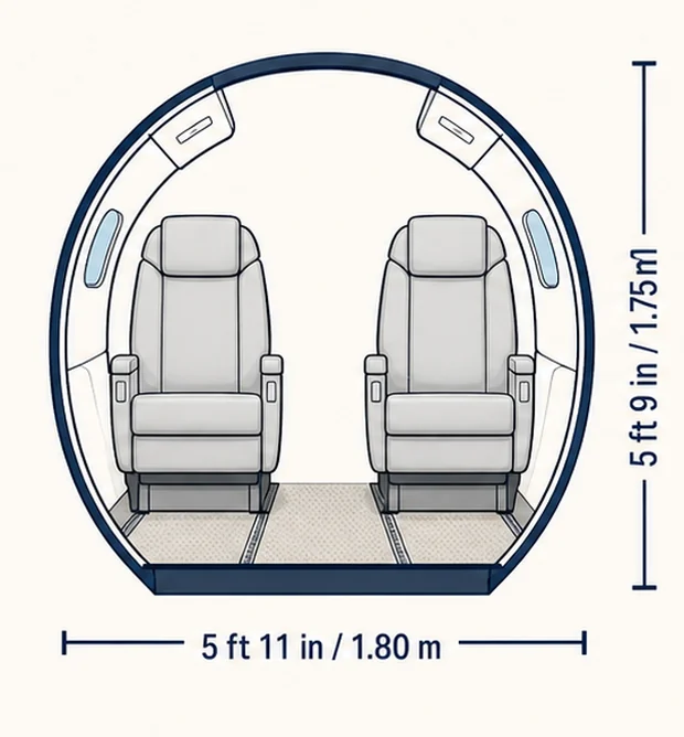 Cabin cross-section of the Learjet 60XR, showing published height and width