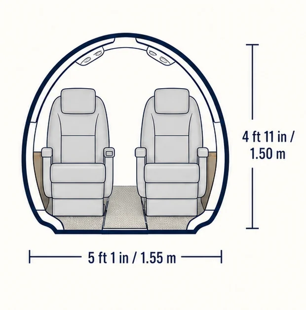 Cabin cross-section of the Learjet 75, showing published height and width