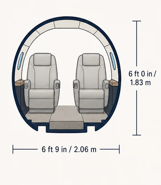 Cabin cross-section of the Embraer Legacy 650, showing published height and width