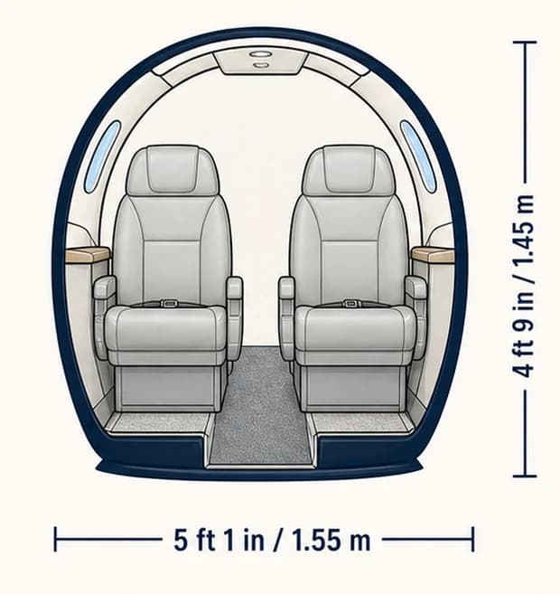Cabin cross-section of the Embraer Phenom 100EX, showing published height and width