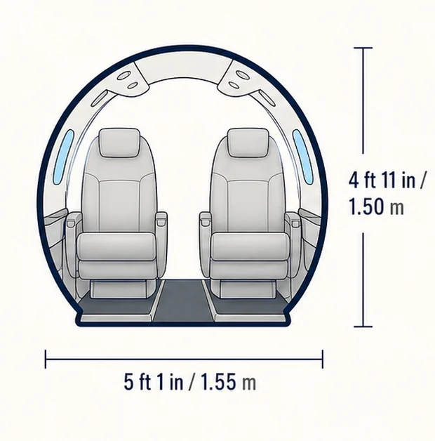 Cabin cross-section of the Embraer Phenom 300E, showing published height and width