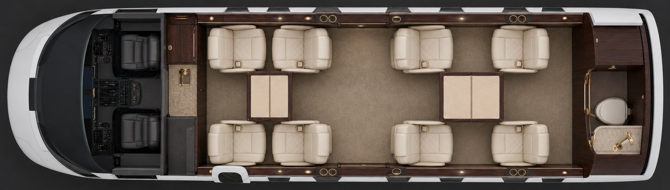Seat map: two club sections of four seats, galley forward and lavatory aft
