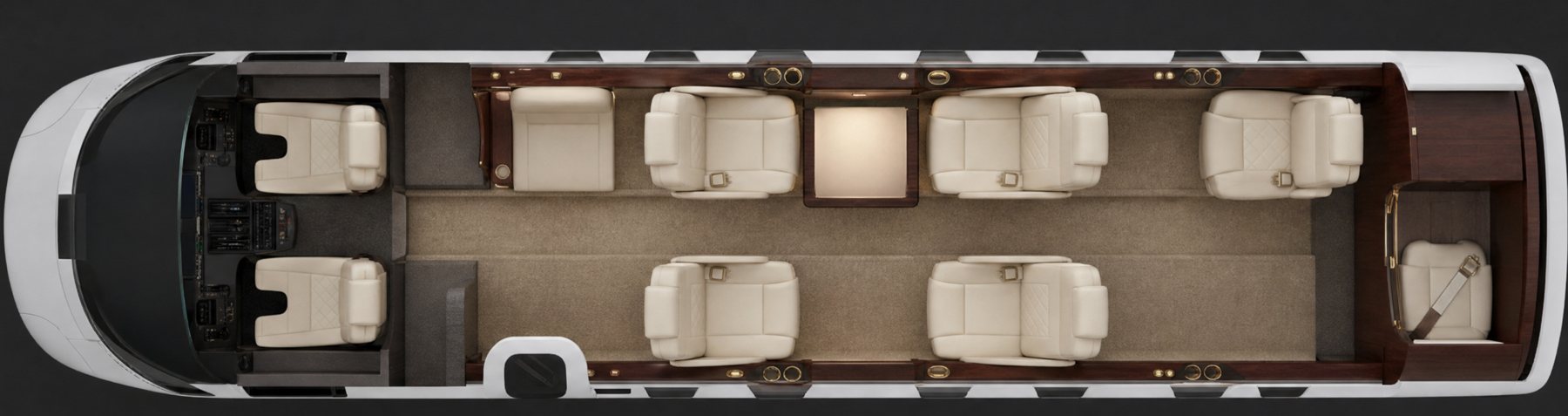 Seat map: forward pair of seats, center club of four, and one aft seat, lavatory aft