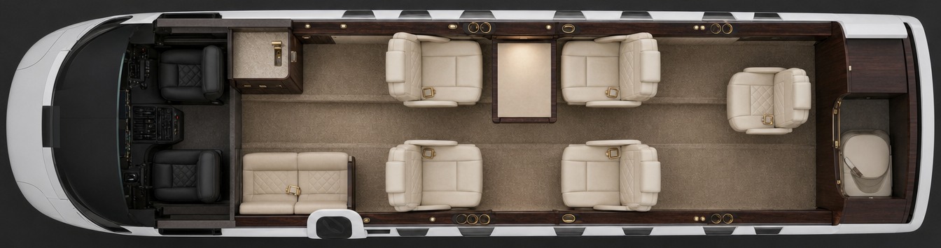 Seat map: forward divan, club of four, and one additional seat, lavatory aft