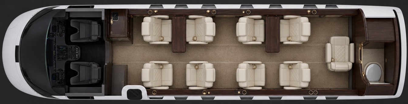 Seat map: forward club of four, aft club of four, and one additional seat, refreshment center forward and lavatory aft