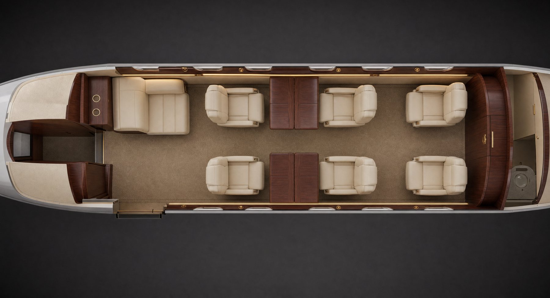 Seat map: forward divan, club of four, and two aft seats, refreshment center forward and lavatory aft