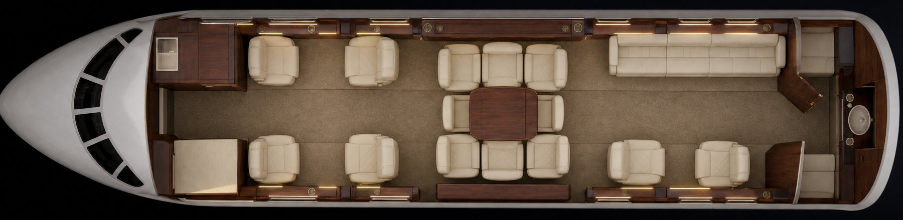 Seat map: forward club of four, four-seat conference group, and divan facing two seats across three zones