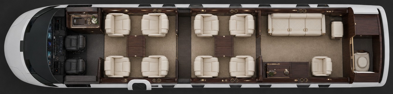 Seat map: forward club of four, mid-cabin club of four, and a divan across three zones, galley forward and lavatory aft