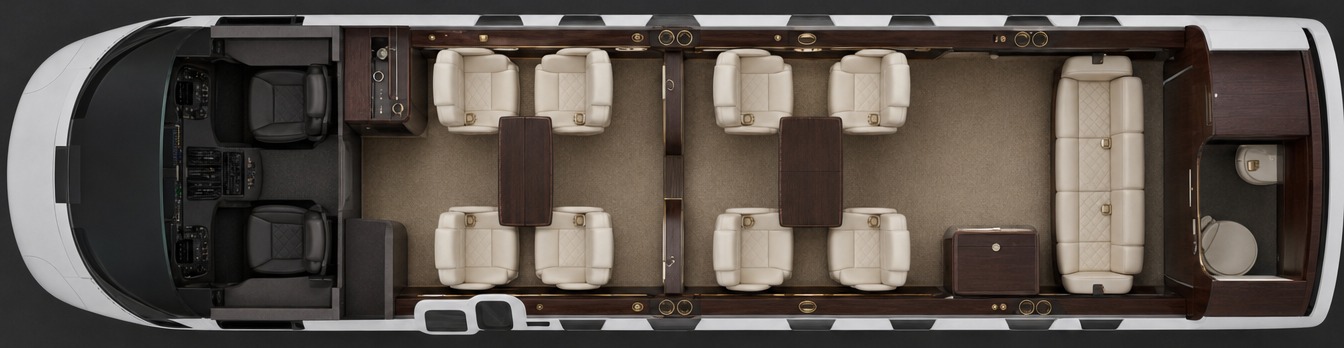 Seat map: forward club of four, mid-cabin club of four, and an aft divan across three zones, galley forward and lavatory aft