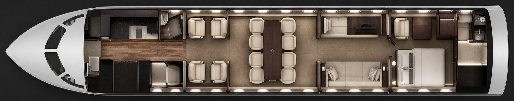 Seat map: four living zones with club sections and a divan, kitchen forward, private stateroom and lavatory aft