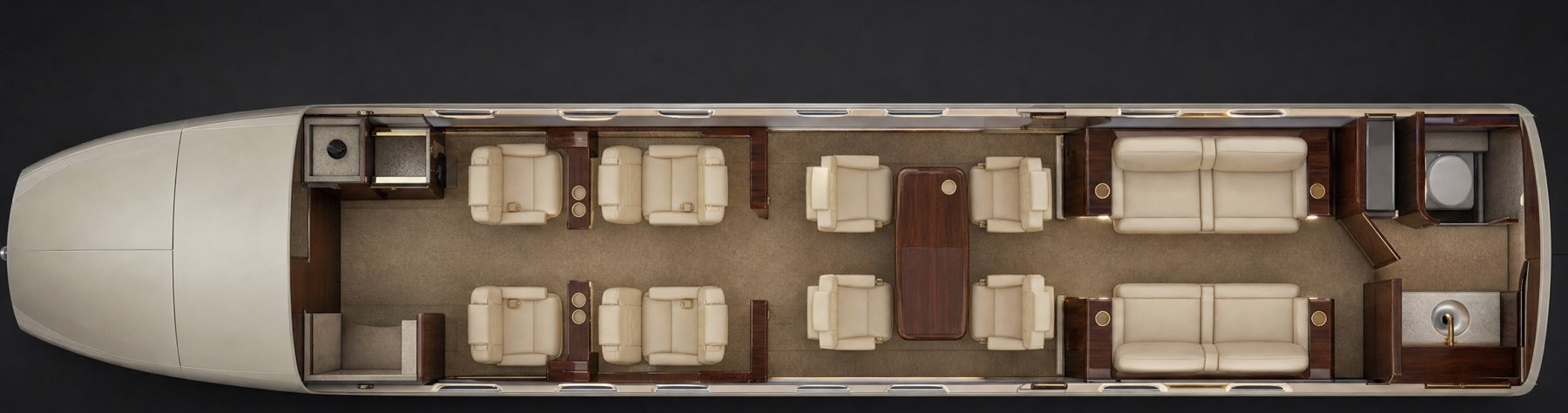 Seat map: forward club of four, conference group, and facing couches across three zones, galley and lavatory forward, lavatory aft