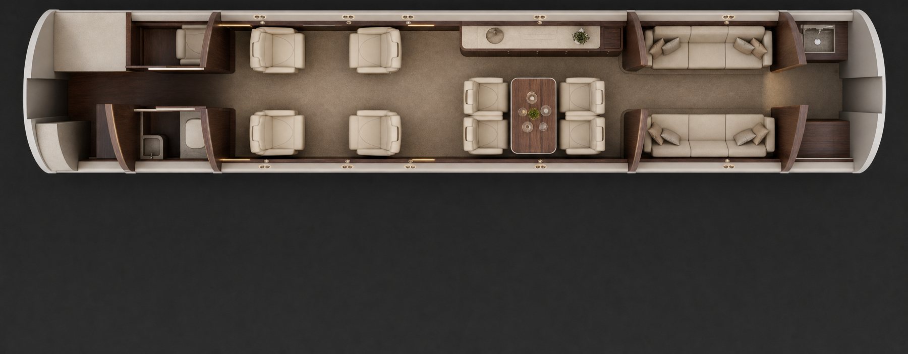Seat map: forward club of four, four-place dining group, and aft lounge with divan across three zones