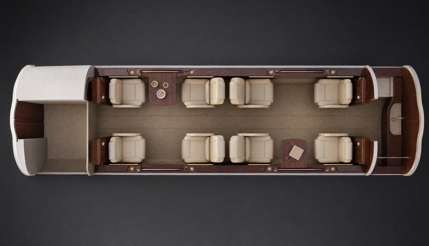 Seat map: two club sections of four seats, galley forward and lavatory aft