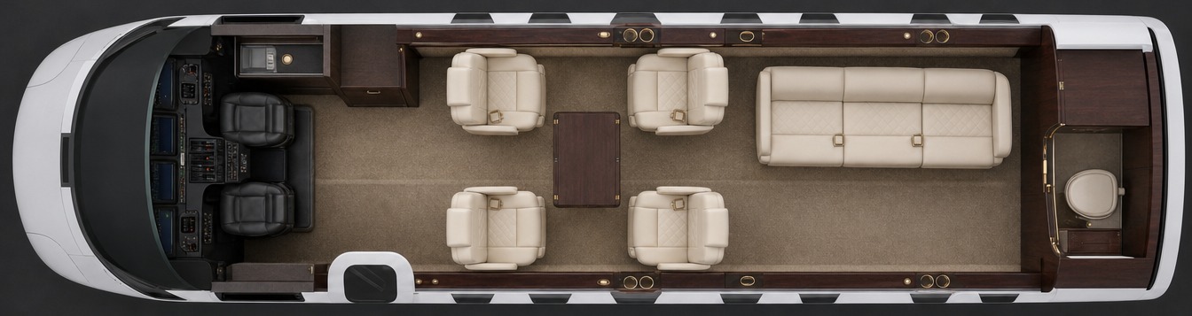 Seat map: club of four and a three-place divan in a single flat-floor zone, galley forward and lavatory aft